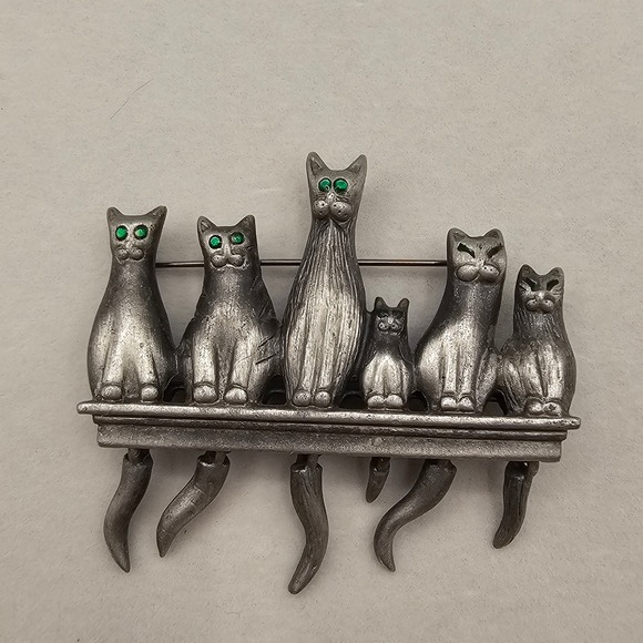 Ajc Jewelry - Vtg AJC Brooch Kitty Cats Pewter Green Eyes Articulated Dangle Tails 2.5" Pin